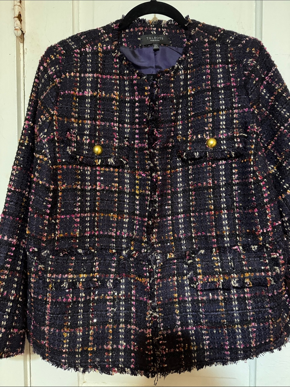 Talbots Black Tweed Jacket with Pink and Gold Details